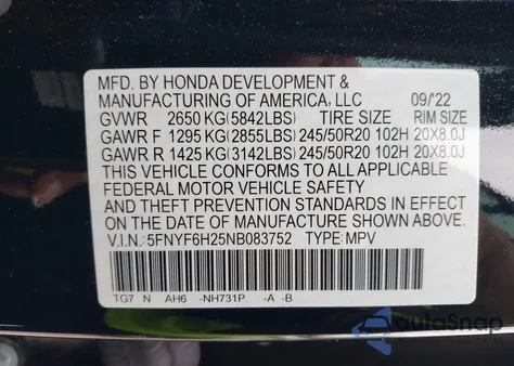 2022 Honda Pilot Awd Special Edition z USA, uszkodzony, nr VIN 5FNYF6H25NB083752